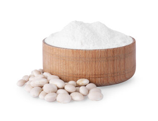 Wooden bowl with flour and kidney beans isolated on white