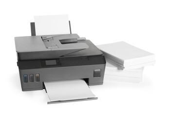 Modern printer and stack of paper on white background