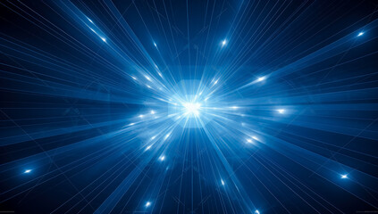 Obraz premium Abstract blue star with white light rays on dark blue background.