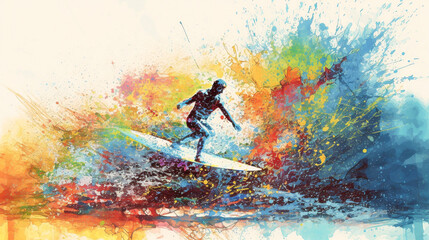 Vibrant multi-colored artistic image of person surfing on wave at the beach
