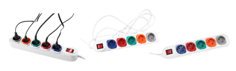 Collage with power strips on white background