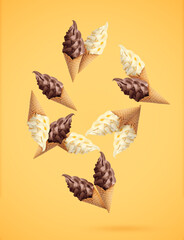 Delicious ice cream in crispy cones falling on pale orange background