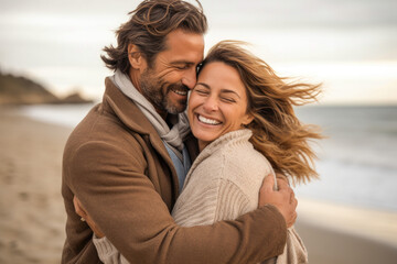 Joyful middle aged couple, a man and woman, sharing a loving hug on a beach, generative ai - obrazy, fototapety, plakaty