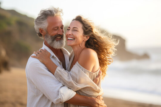 Joyful middle aged couple, a man and woman, sharing a loving hug on a beach, generative ai