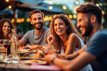 Group of friends laughing and enjoying dinner at outdoor restaurant during summer, generative ai