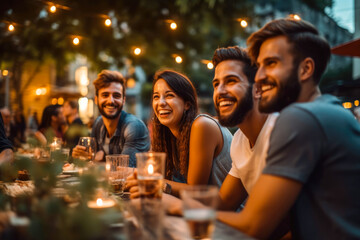 Group of friends laughing and enjoying dinner at outdoor restaurant during summer, generative ai