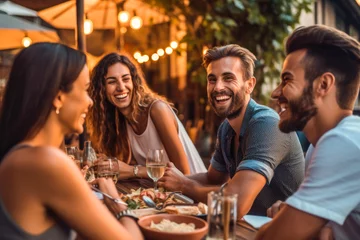 Fotobehang Group of friends laughing and enjoying dinner at outdoor restaurant during summer, generative ai © MVProductions