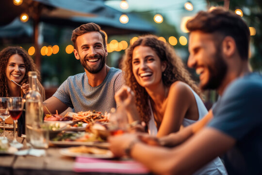 Group of friends laughing and enjoying dinner at outdoor restaurant during summer, generative ai - Powered by Adobe