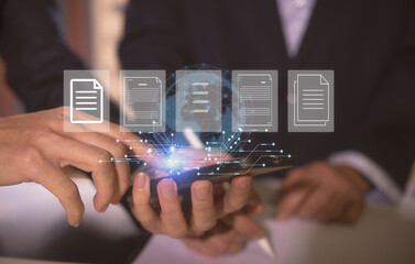 Document data system Report HR technology Concept: Businessman Manager checking white documents reports papers of files icon in modern office, two businessman discussing on data report feedback