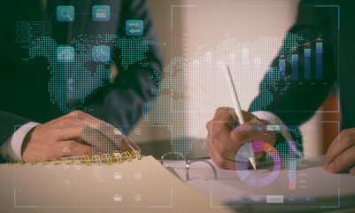 Two diverse businessman stock exchange market investors discussing research on report chart business planning growth data analysis invest strategy, financial risk, marketing strategy