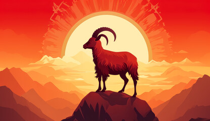 A sheep standing on top of the mountain on a sunny background, Islamic goat celebrating Eid al-Adha.