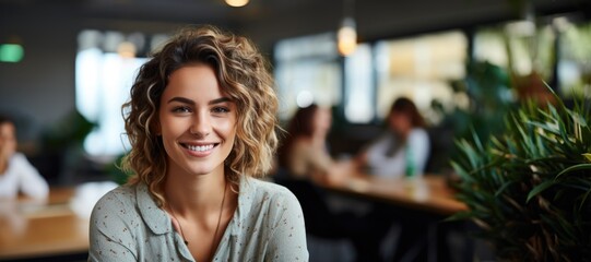 Smiling attractive confident professional woman posing at her business office with her coworkers and employees in the background