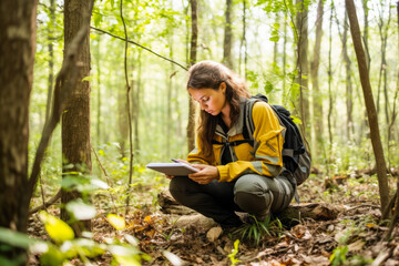 Female environmental conservation surveyor in the forest, recording data as part of field research, showcasing commitment to preserving nature and sustainability - obrazy, fototapety, plakaty