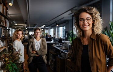 Three Smiling attractive confident entrepenour professional women posing at their business office with their coworkers and employees in the background