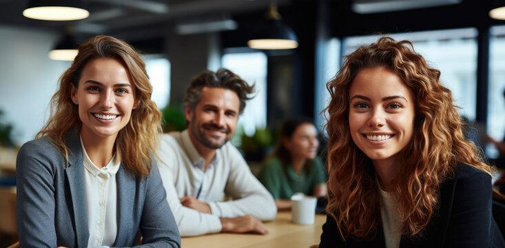 Two Smiling attractive confident entrepenour professional women posing at their business office with their coworkers and employees in the background