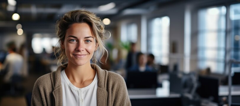 Smiling attractive confident professional woman posing at her business office with her coworkers and employees in the background. Plenty of copy space.