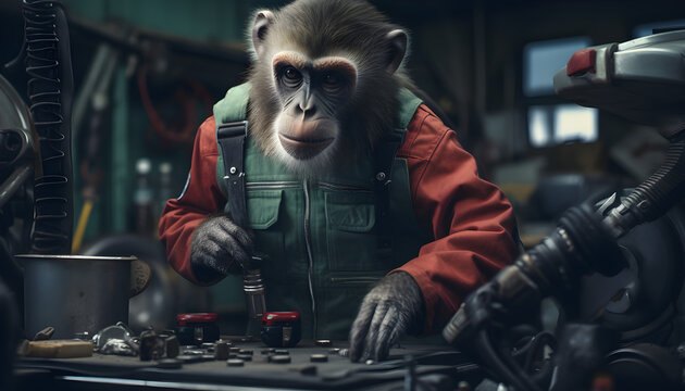 A monkey mechanic in overalls, attentively repairing a car in an auto repair shop illustration Generative AI