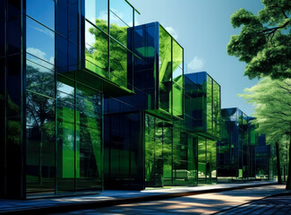 Fototapeta na wymiar Green glass and tree on a high building in the style of japanese contemporary, aluminum, detailed, post-minimalist structures. 