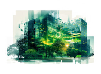 Green glass and tree on a high building in the style of japanese contemporary, aluminum, detailed, post-minimalist structures.
