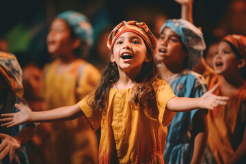Children performing in a community theater production, showcasing their talent and creativity - obrazy, fototapety, plakaty