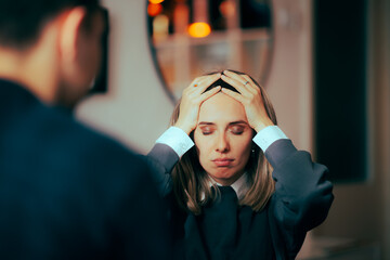 Desperate Girlfriend Fighting with her Partner at Home. Couple arguing planning a separation after...