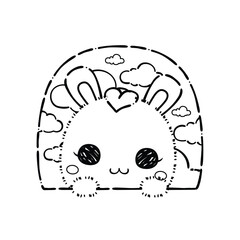 Kawaii Rabbit and Bunny Cartoon Outline Coloring Book. Happy Easter. Illustration Vector