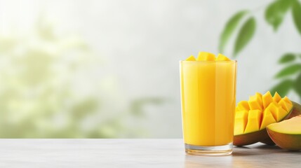 Glass of mango juice on light table. Space for text - obrazy, fototapety, plakaty