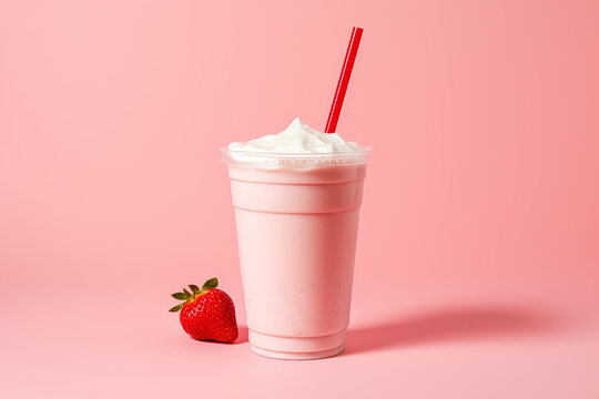 Strawberry milkshake in plastic takeaway cup isolated on pink background