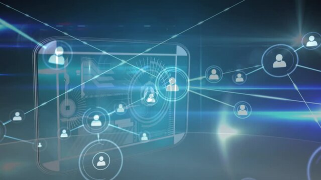 Animation of growing network of people icons over data processing on interface over dark background