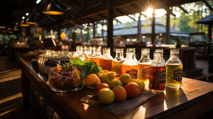 Whiskey glasses and fruit liquor on table in luxury restaurant for special meal
