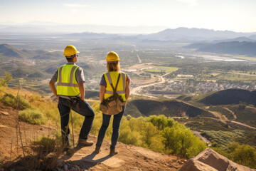Two environmental engineers overlook a picturesque valley from a mountain, examining grounds for new fossil free power plant, generative ai