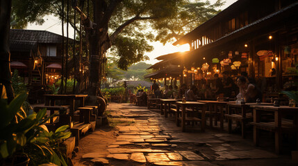Fototapeta premium Streets and alleyways during the day, Wooden Shop, Community Shop, Restaurant, Countryside in Thailand