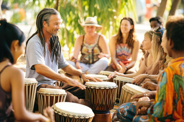 A vibrant drum circle featuring a diverse community creating energetic rhythms, people enjoying drumming musician, generative ai