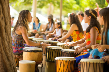 A vibrant drum circle featuring a diverse community creating energetic rhythms, people enjoying...