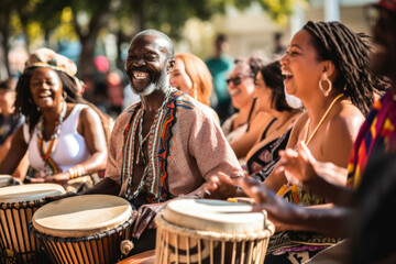 A vibrant drum circle featuring a diverse community creating energetic rhythms, people enjoying drumming musician, generative ai