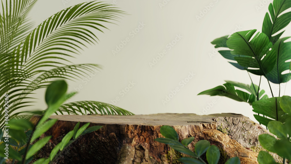 Aufkleber podium background with a tree trunk as a stand with the concept of nature, 3d rendering