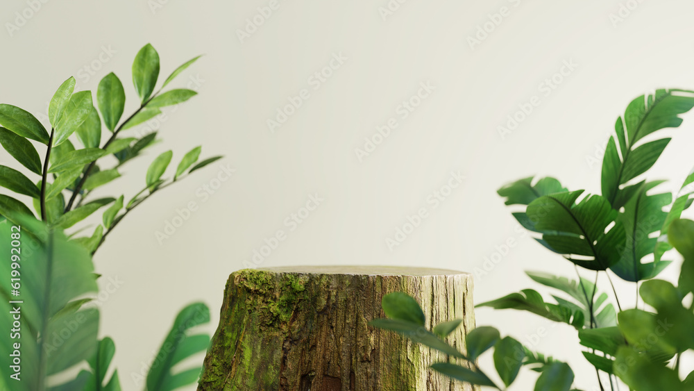 Aufkleber podium background with a tree trunk as a stand with the concept of nature, 3d rendering