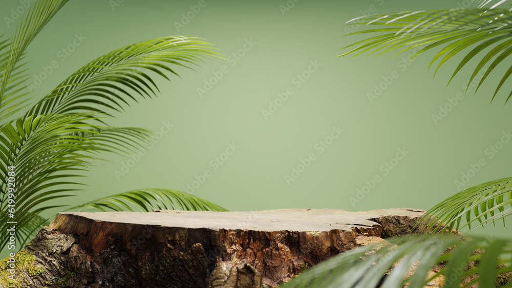 Aufkleber podium background with a tree trunk as a stand with the concept of nature, 3d rendering