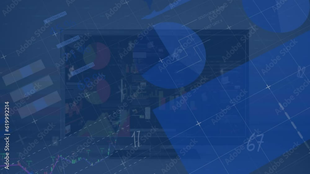 Poster animation of statistics and data processing over laptop