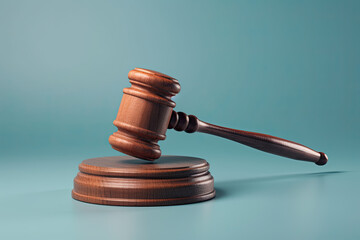 Law theme, mallet of judge, wooden gavel on blue background. Generative AI - obrazy, fototapety, plakaty