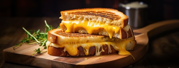 traditional melted grilled cheese toasted sandwich served on wooden tray with herbs seasoning on the side as wide banner for food menu concepts - Generative AI