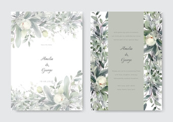 Wedding invitation card template set with eucalyptus soft floral and watercolor background