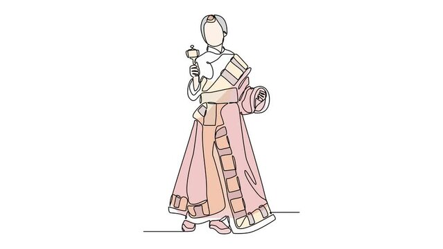 Animated self drawing of people using the traditional clothes. Asian traditional clothes concept illustration in simple linear animation. Traditional Fashion design with full length animation.