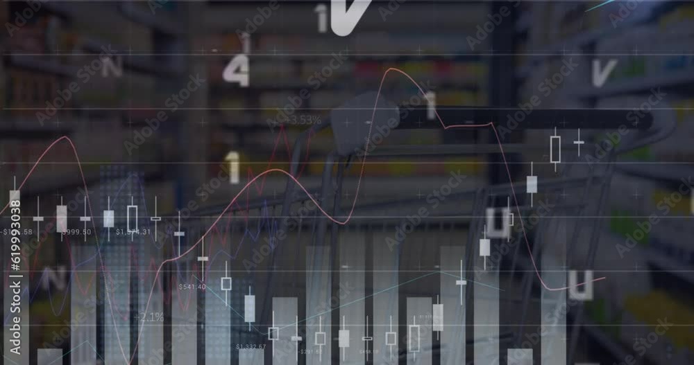 Poster animation of letters, statistics and data processing over shopping trolley