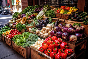 Fototapeta na wymiar Capture the vibrant and colorful scene of a farmers market with this image showcasing a variety of fresh vegetables neatly arranged on display. Generative AI.