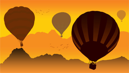 globos, panoramica, atardecer, amarillo, naranja, café, gaviotas, palomas, paisaje
