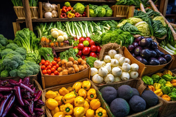 Capture the vibrant and colorful scene of a farmers market with this image showcasing a variety of fresh vegetables neatly arranged on display. Generative AI.