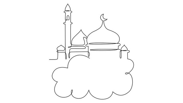 Animated self drawing of single continuous line draw for Islamic New Year. Lantern and mosque design concept illustration in simple linear animation. Islamic design with full length animation