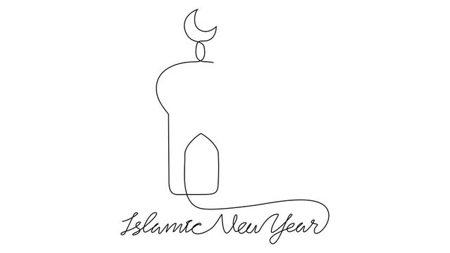 Animated self drawing of single continuous line draw for Islamic New Year. Lantern and mosque design concept illustration in simple linear animation. Islamic design with full length animation