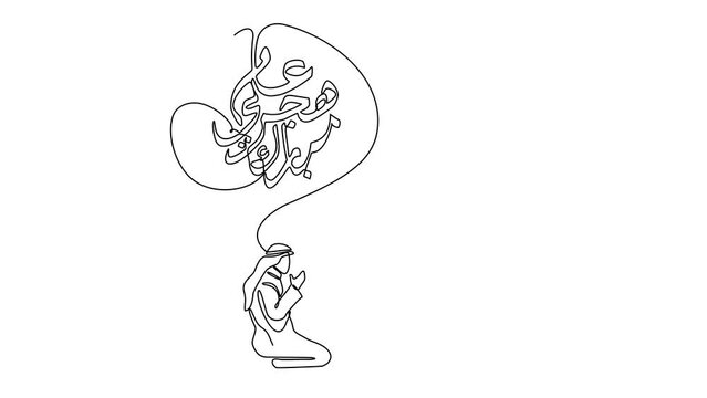 Animated self drawing of single continuous line draw for Islamic New Year with calligraphy sign. People praying design concept illustration in simple linear animation. translation : Islamic New Year